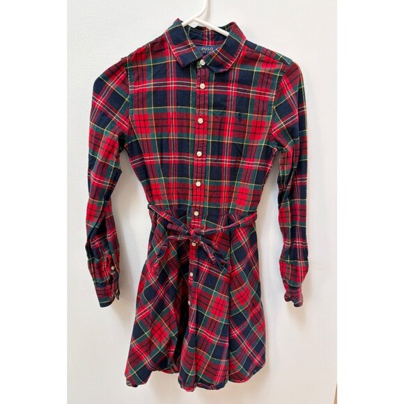 Polo Ralph Lauren Girls 14 Red & Green Plaid Button-Up Shirt Dress W/ Belt Cotto - Picture 1 of 6